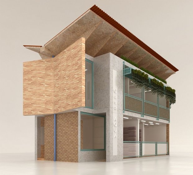 casa_acqua_exposicao O telhado invertido da Casa Acqua possibilita o acúmulo da água da chuva que pode ser reaproveitada para lavar calçadas, por exemplo