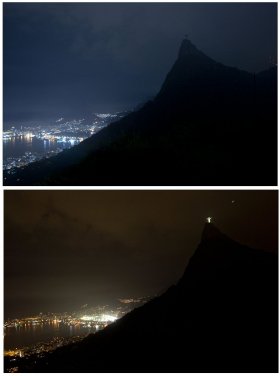 O Cristo Redentor com as luzes acesas e no escuro durante uma hora (no alto)